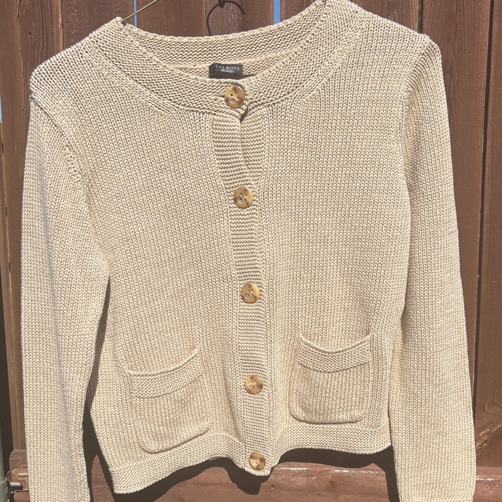 Talbots Tan Cropped Cardigan with Button Accents Sz L